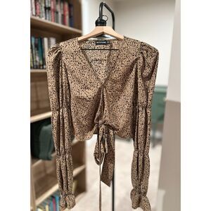 PrettyLittleThing Animal Printed Balloon Sleeve Wrap Tie Top